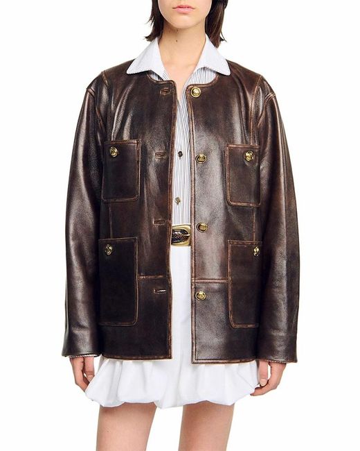 Sandro Brown Long Distressed Leather Jacket