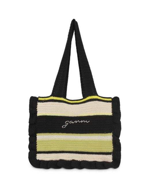 Ganni Ruffled Striped Crochet Large Tote in Black Lyst
