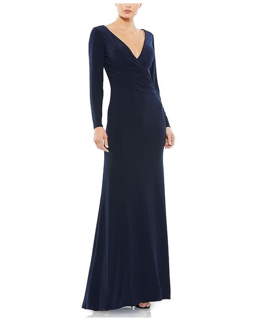 Mac Duggal Blue Long Sleeve Ruched Jersey V-Neck Gown