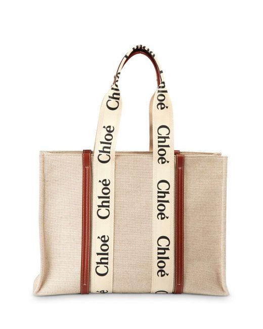 Chloé Cotton Woody Large Canvas Tote in White/Brown (Brown) | Lyst ...