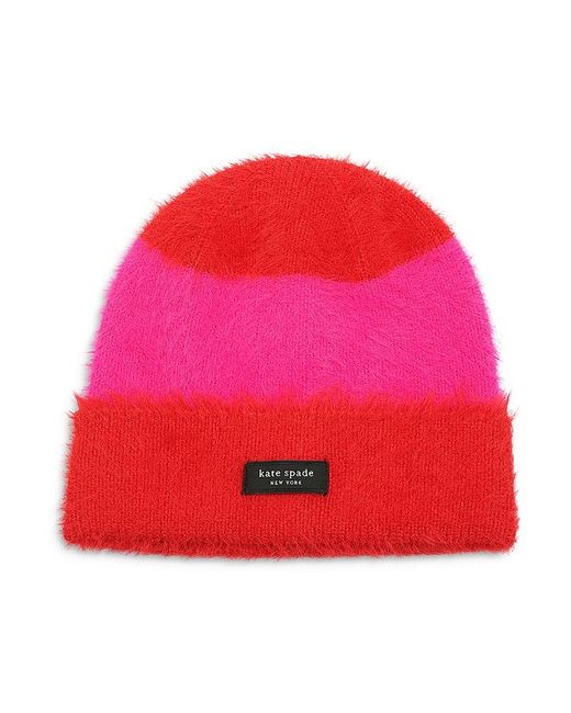 Kate Spade Red Awning Stripe Fuzzy Beanie