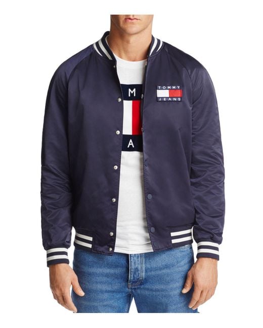 Lyst Tommy Hilfiger Satin Varsity Logo Bomber Jacket in Blue for Men