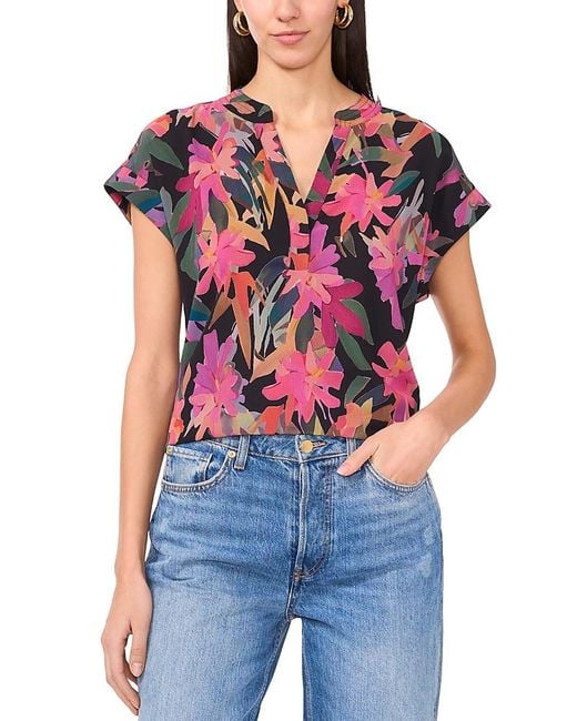 Vince Camuto Blue Printed Split Neck Short Sleeve Blouse