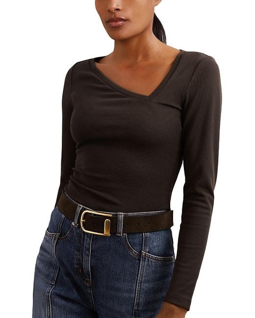 Reiss Black Felicity Asymmetric Neck Long Sleeve Top
