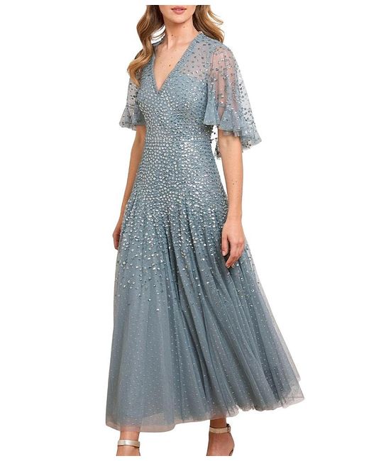 needle and thread blue sequin dress Needle & Thread Dappled Sequin Cape Ankle Gown Blue US 6