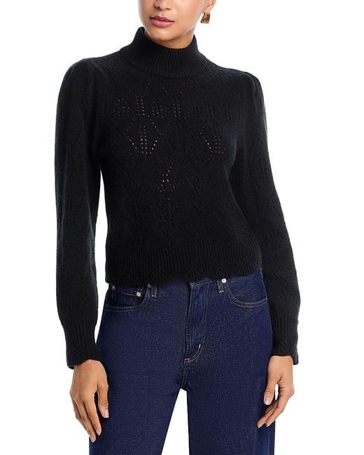 Aqua Women's Black 100% Cashmere Pointelle Mock Neck Sweater