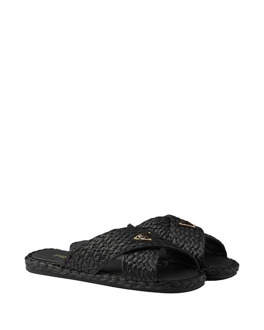 Prada Black Raffia Crisscross Slides