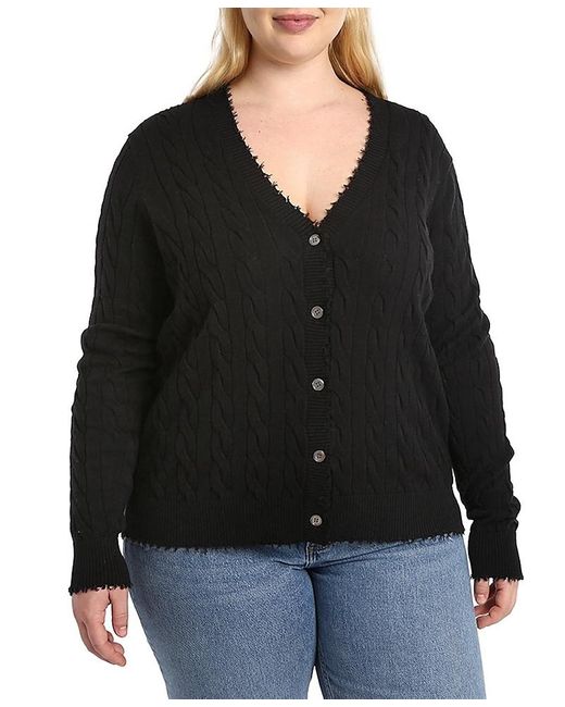 Minnie Rose Black Plus Size Cotton Frayed Cable Long Sleeve V Neck Sweater Top