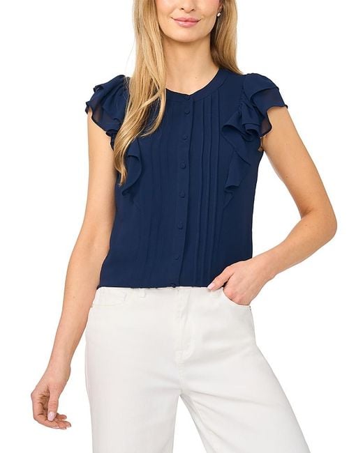 Cece Blue Double Ruffle Button Down Top