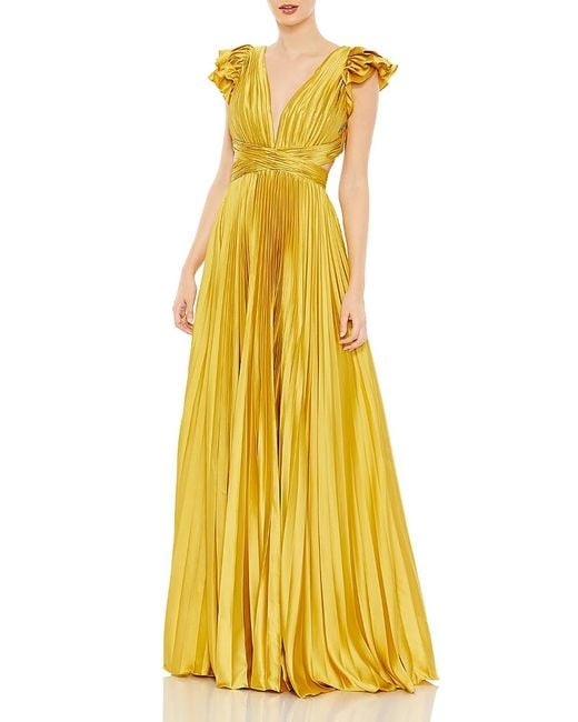 Mac Duggal Yellow Pleated Ruffled Cap Sleeve Cut Out Lace Up Gown