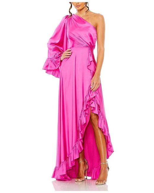 Long Asymmetrical Ruffles Mac Duggal Long One Sleeve Asymmetrical Ruffle Hem Gown in Pink | Lyst
