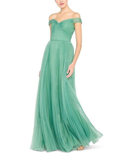 THEIA Green Lisbeth Pleated Gown