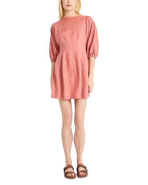 Luxely Red Linen Long Sleeve Mini Dress