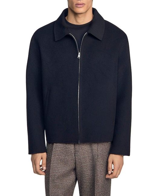 Sandro Blue Double Face Wool Blend Zip Jacket for men