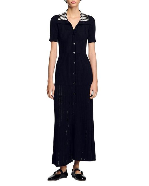 Sandro Blue Knit Maxi Dress With Studs