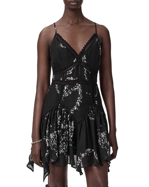 AllSaints Zia Lace Trim Dress in Black | Lyst