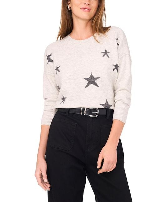 Vince Camuto White Star Pattern Crewneck Sweater