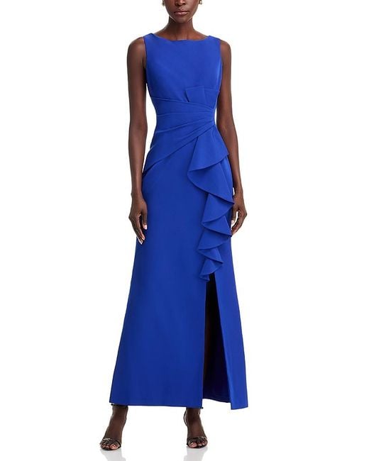 Eliza J Blue Sleeveless Cascading-Ruffle Gown