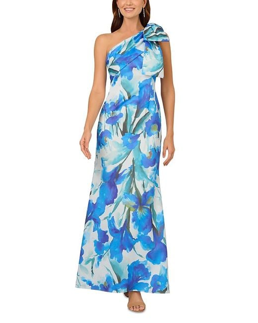 Adrianna Papell Blue Petite Printed Bow One-shoulder Gown