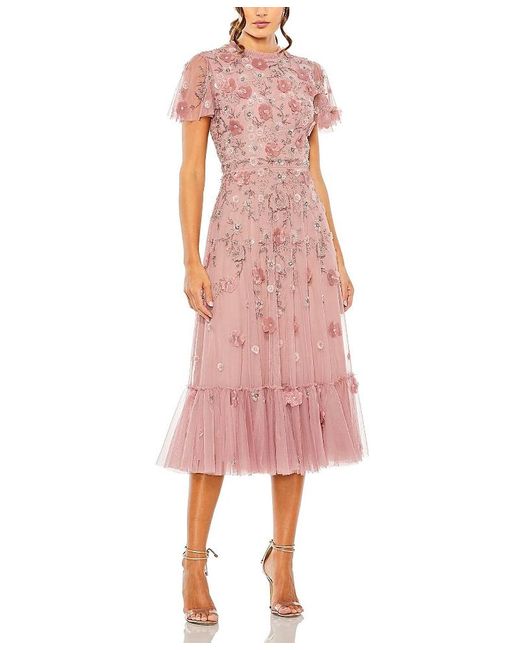 Mac Duggal Pink Embellished High Neck Floral Applique With Beaded Detail A Line Dress