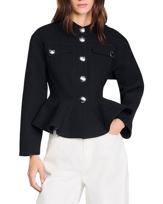 Sandro Blue Cropped Ruffle Peplum Jacket