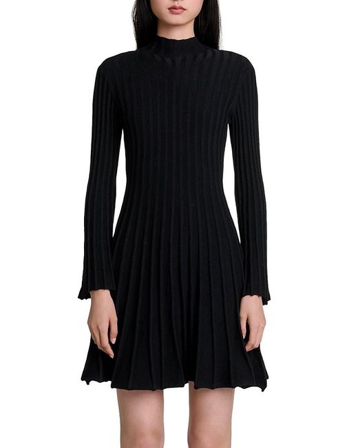 Maje Black Raffie Ribbed Flared Dress