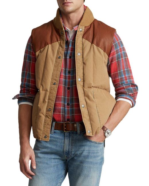 Polo Ralph Lauren Leather Yoke Down Vest in Brown for Men Lyst