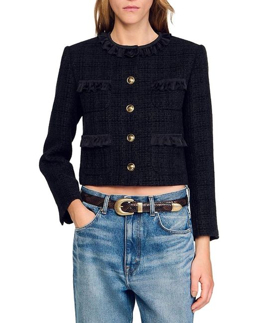 Sandro Blue Ruffled Tweed Jacket