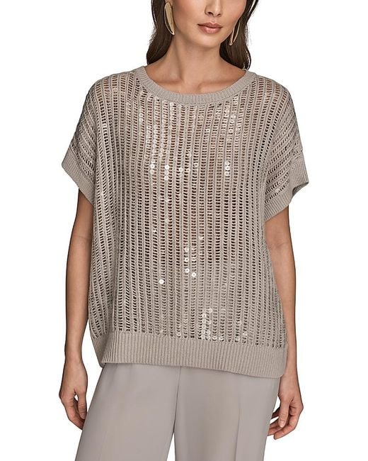 Donna Karan Gray Open Weave Sequin Crewneck Sweater