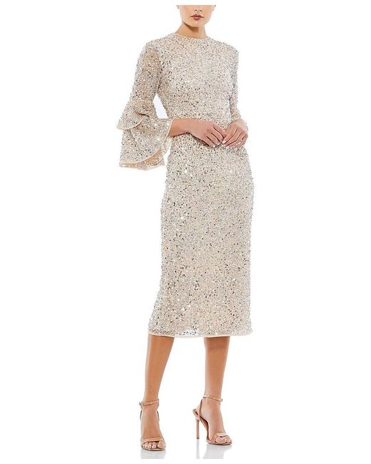 Mac Duggal Natural Fully Sequined Ruffle Tiered 3/4 Sleeve Midi Dress