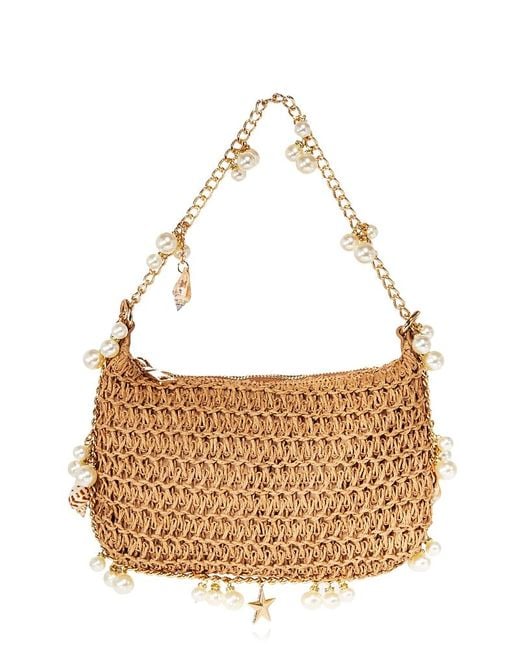 Aqua Metallic Seashell Raffia Shoulder Bag