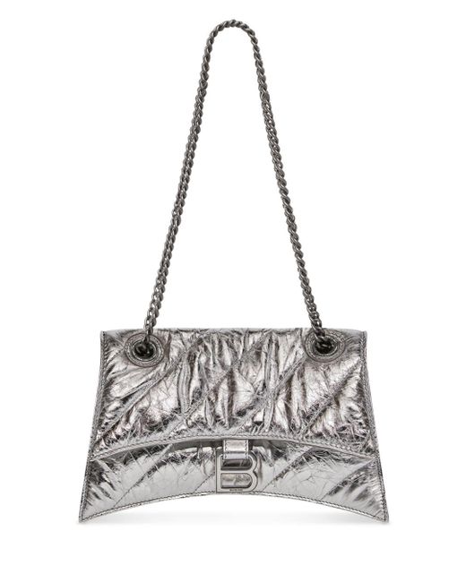 Balenciaga Crush Quilted Leather Chain Shoulder Bag in Silver/Silver ...