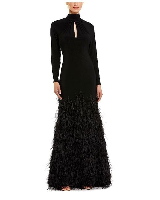 Mac Duggal Black Jersey Long Sleeve High Neck Keyhole Cutout Feather Detail Gown