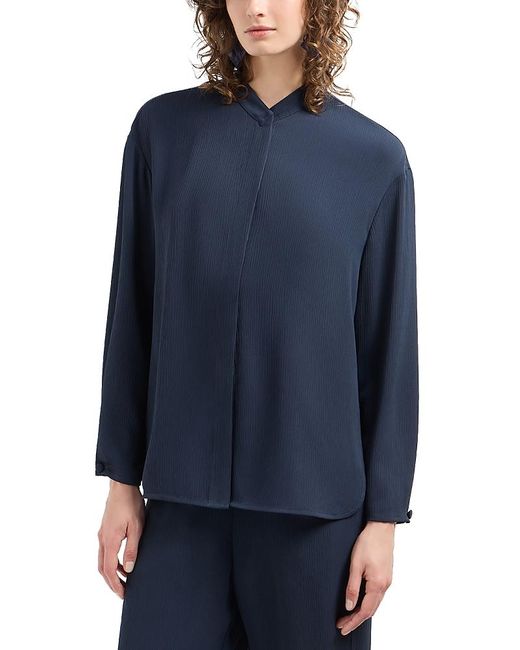 Emporio Armani Blue Creponne Long Sleeve Button Down Blouse With Guru Collar