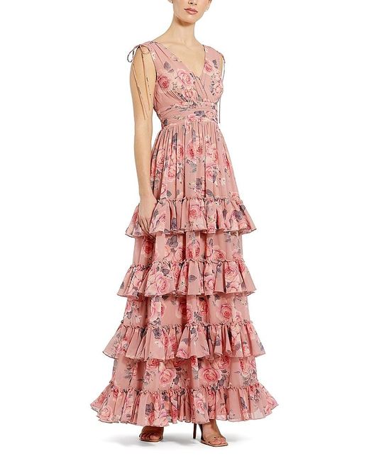 Mac Duggal Drawstring Shoulder Floral Chiffon Tiered Gown