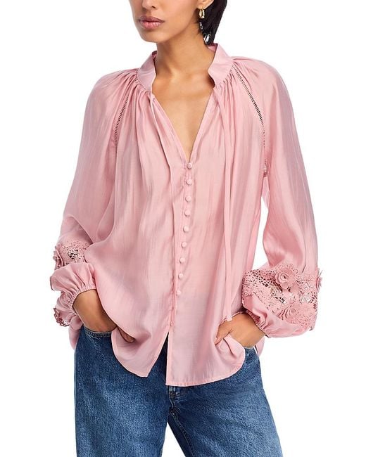 Aqua Pink Lace Trim Blouse