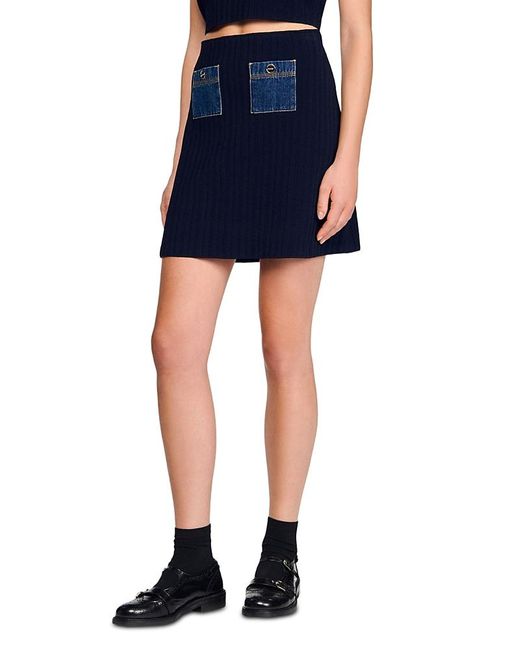 Sandro Red Mini Knit And Denim Skirt