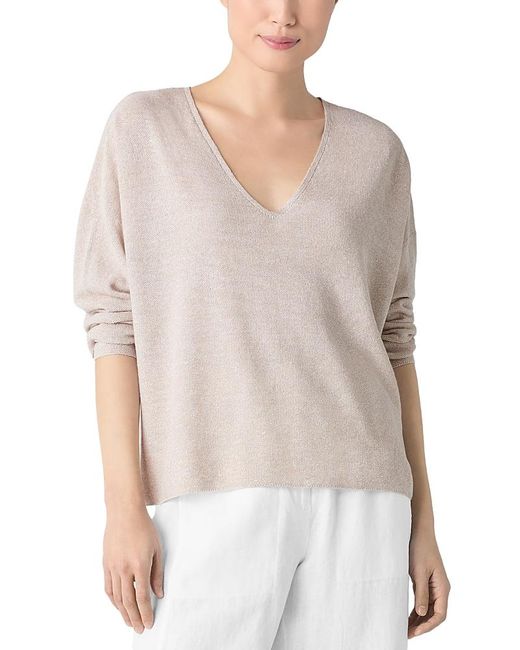 Eileen Fisher Gray Linen Cotton V Neck Sweater