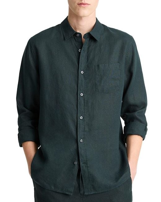 Vince Green Solid Linen Button Down Shirt for men
