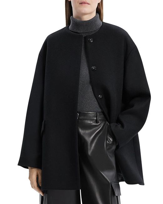 Theory Black Collarless Cape Wool Coat