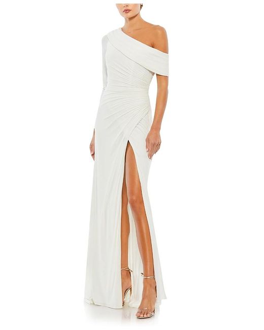 Mac Duggal White Ruched Jersey Drop Shoulder Foldover Gown