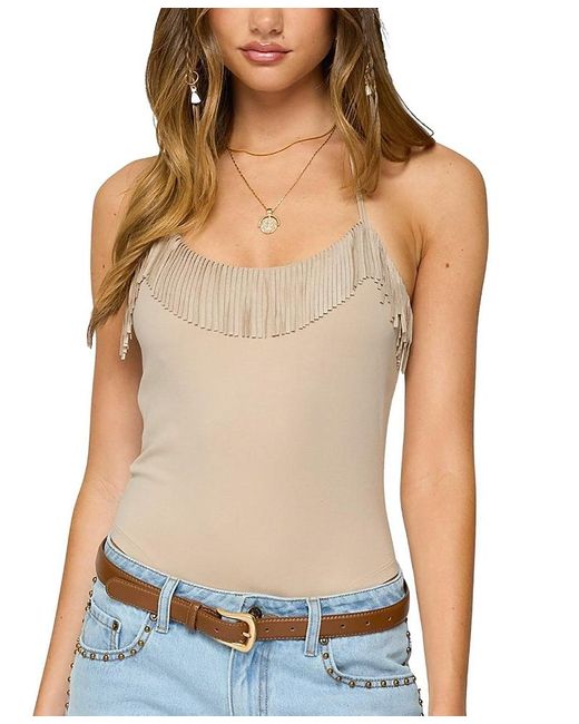 Edikted Natural Colbie Faux Suede Fringe Trim Bodysuit