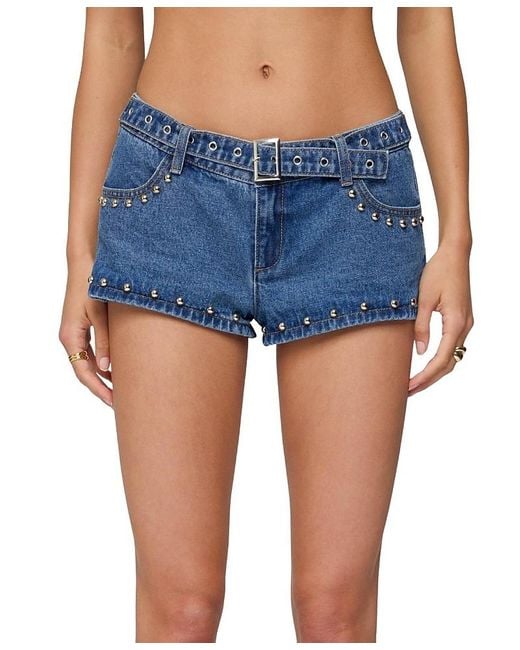 Edikted Blue Grommet & Stud Denim Micro Shorts