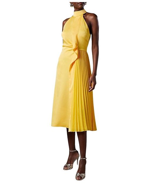Coast Women's Yellow Halter Pleated Asymmetric Hem Midi Dress