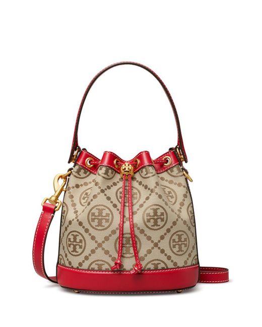 Tory Burch Synthetic T Monogram Jacquard Bucket Bag in Red - Lyst