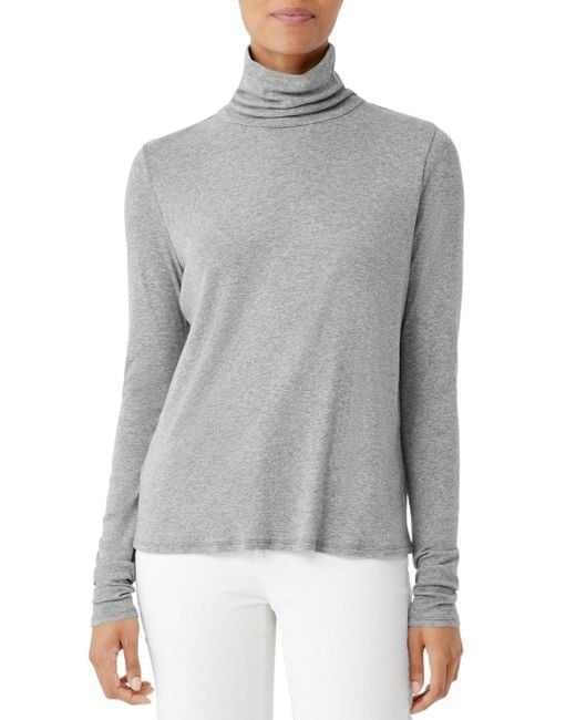 Eileen Fisher Scrunched Sleeve Turtleneck Top in Gray Lyst