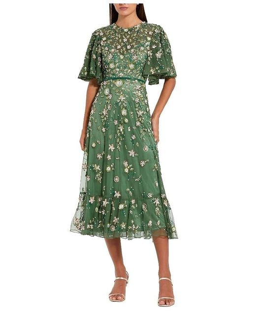 Mac Duggal Green Floral Embellished Flutter Sleeve Midi Dress