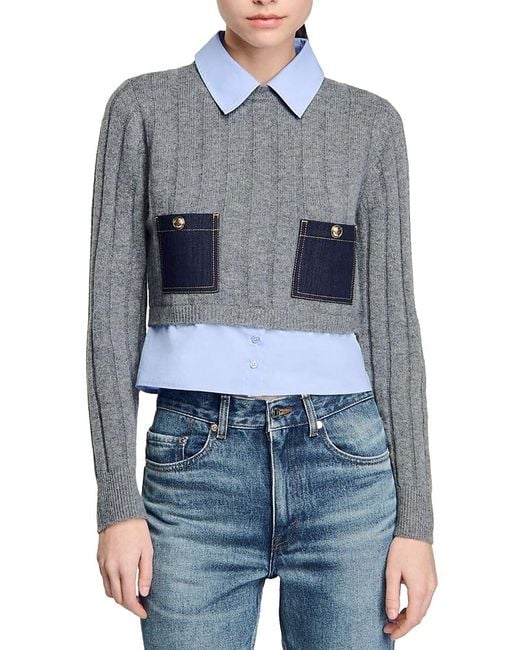 Sandro Blue Jules Layered Look Sweater