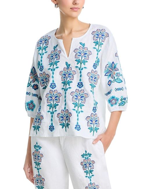 Johnny Was Blue Split Neck Linen Blouse