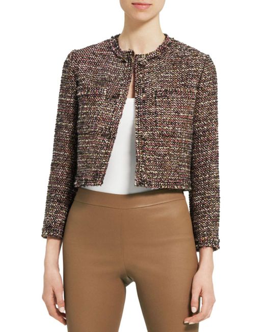 Theory Cropped Tweed Jacket in Brown Lyst
